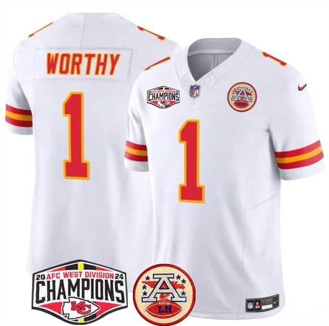 Mens Kansas City Chiefs #1 Xavier Worthy White F.U.S.E. 2024 AFC West Division Champions Vapor Limited Stitched Jersey